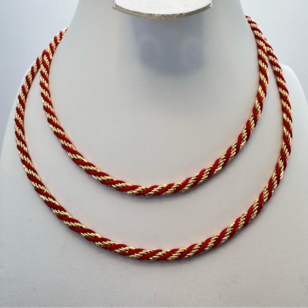 Vintage Trifari Red Cord Gold Tone Rope Twist Necklace Designer Statement Chain